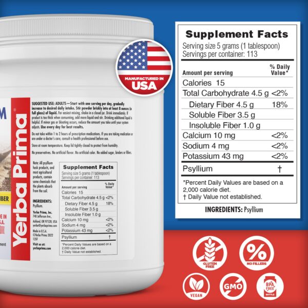 Contenido polvo de fibra psyllium Yerba Prima 20 oz