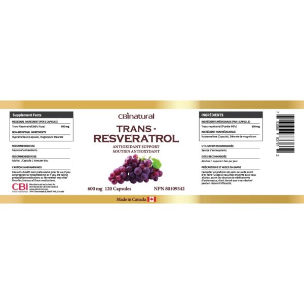 Etiqueta de Trans-Resveratrol 600 mg CBI Natural