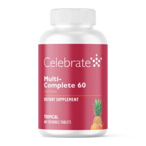 Version 1.0.0 Frente de la etiqueta Celebrate Vitamins Multi-Complete Chewables con sabor tropical