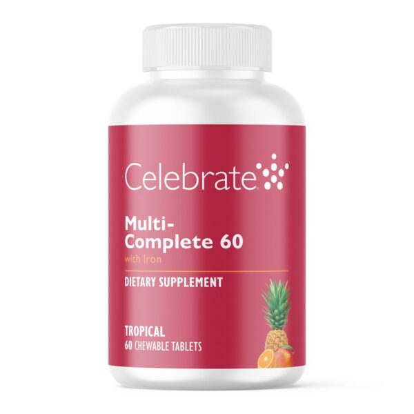 Frente de la etiqueta Celebrate Vitamins Multi-Complete Chewables con sabor tropical