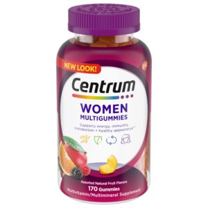 Frasco de multivitaminas Centrum MultiGummies para mujer 170 gomitas sabor frutas