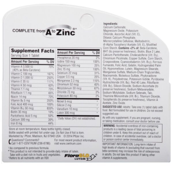 Etiqueta y empaque de Centrum Silver MultivitaminTablets