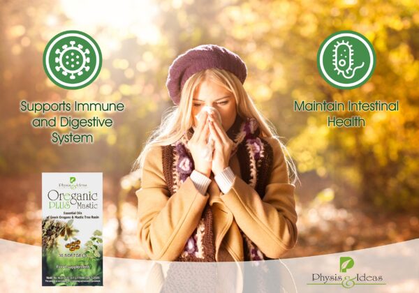 Close up cápsulas Oreganic Plus Mastic para apoyo intestinal y sistema inmune