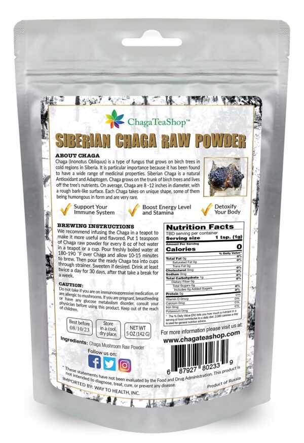 Version 1.0.0 Chaga polvo crudo en empaque para suplementación herbal