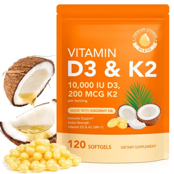Frasco de Vitamina D3 y K2 en softgels