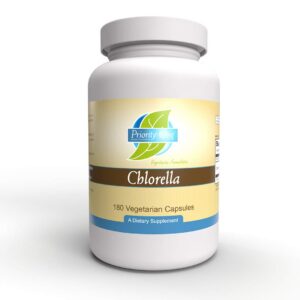 Frasco de cápsulas vegetarianas de chlorella Priority One