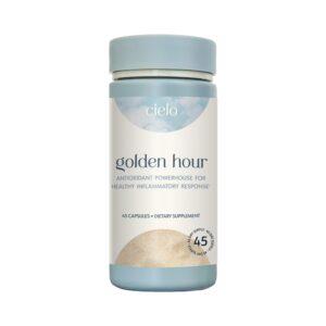 Frasco de suplemento antioxidante Cielo Golden Hour con ingredientes naturales