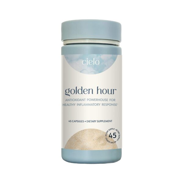 Frasco de suplemento antioxidante Cielo Golden Hour con ingredientes naturales