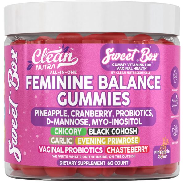 Version 1.0.0 Clean Nutra Feminine Balance gummies frasco 60 unidades sabor piña
