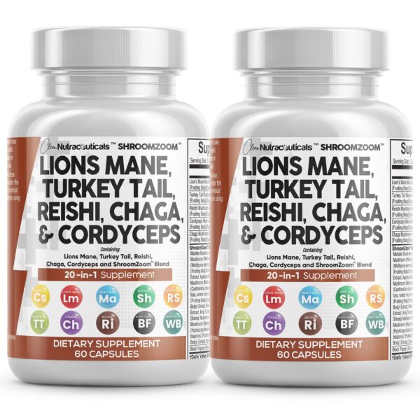 Frasco de cápsulas de suplemento de hongos Clean Nutraceuticals Lions Mane 20-en-1