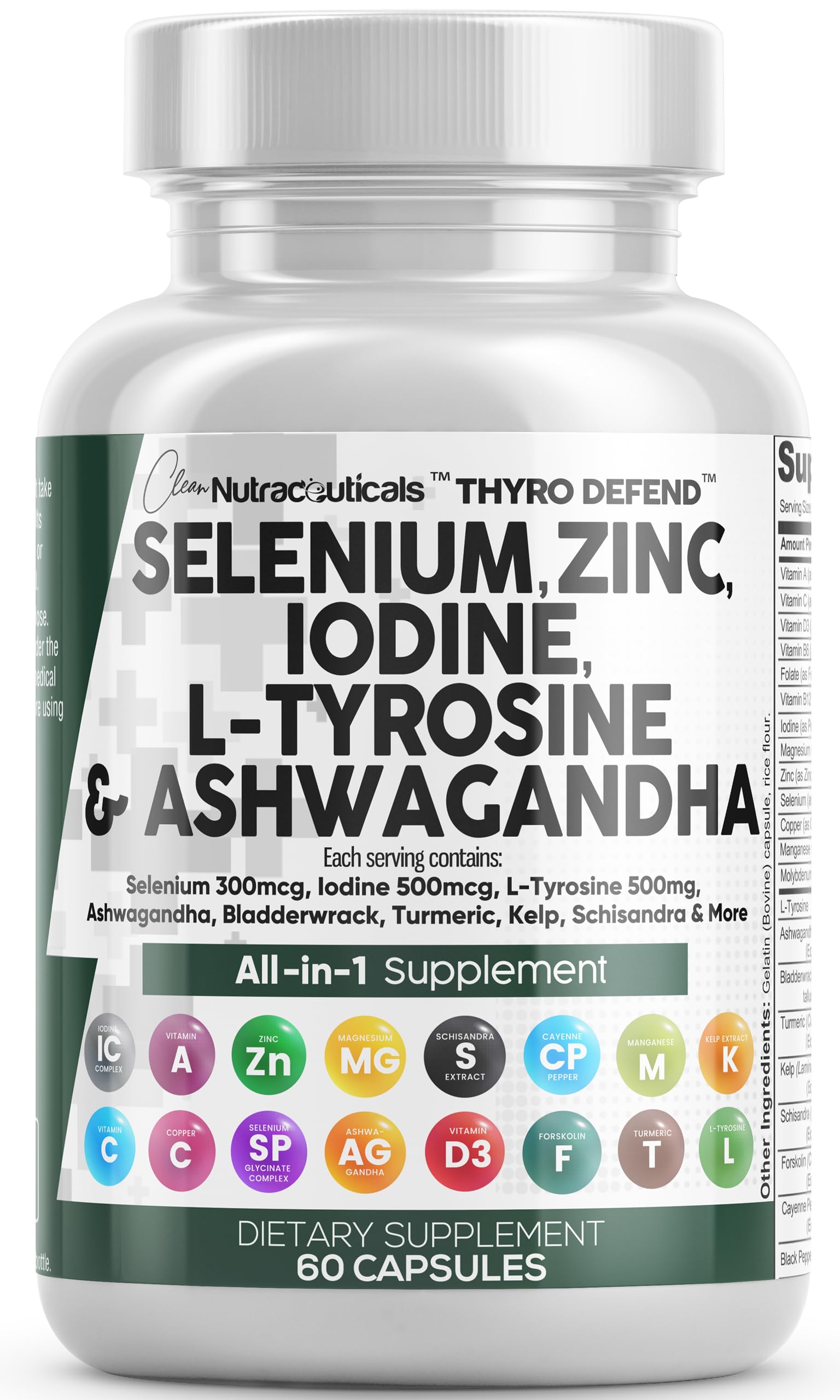 Clean Nutraceuticals Selenium 300mcg Iodine 500mcg L-Tyrosine Zinc