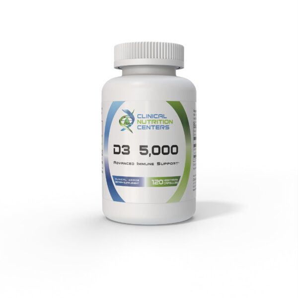 Frasco de Clinical Nutrition Centers D3 5000 cápsulas vegetarianas