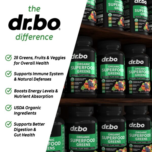 Close-up tabletas orgánicas DR. BO superalimentos