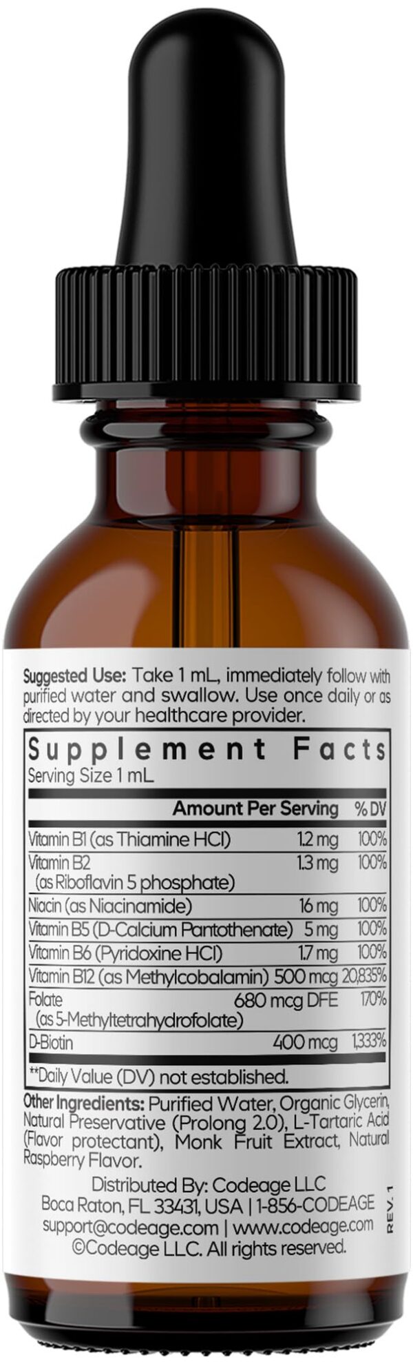 Version 1.0.0 Etiqueta Codeage B-Complex líquido 8 vitaminas frambuesa
