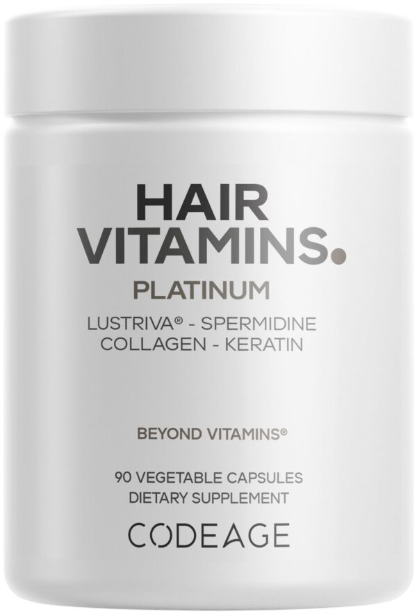 Version 1.0.0 Codeage Hair Vitamins Platinum frasco y etiqueta