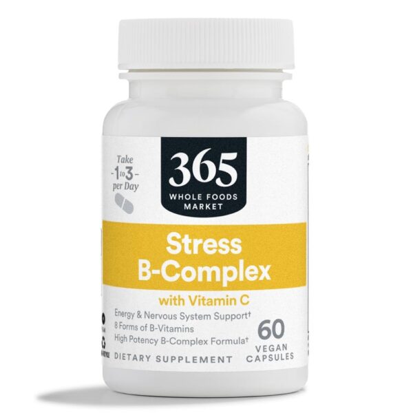 Frasco del complejo de vitaminas B 365 Whole Foods con vitamina C