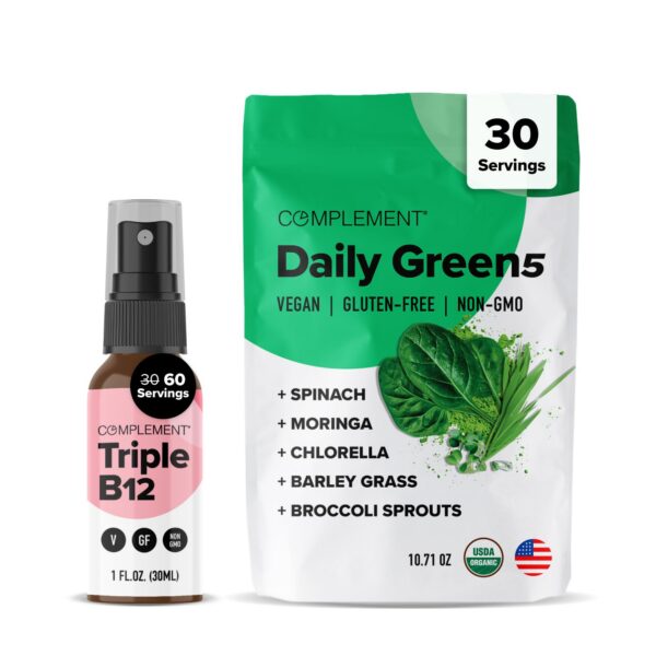 Complement Daily Greens y Spray Triple B12 – frasco y envase