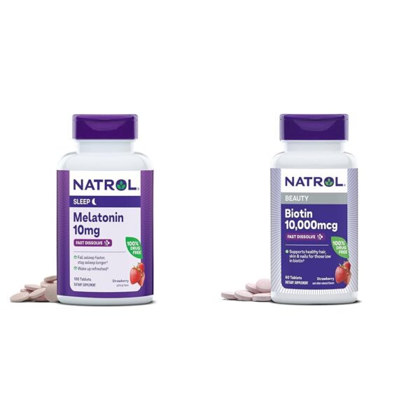 Conjunto Natrol melatonina 10mg y biotina 10000mcg fresa