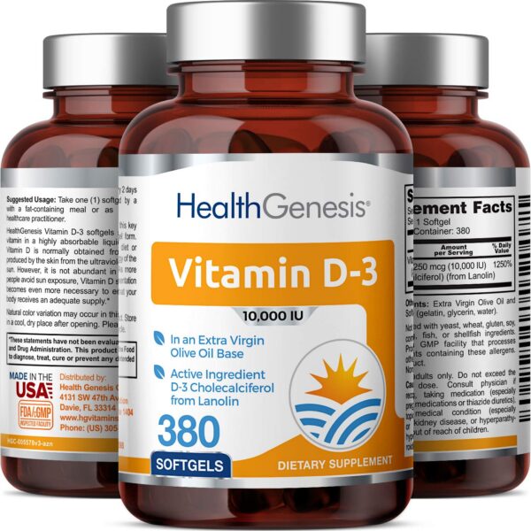 Contenido caja vitamina d3 Health Genesis 10000 iu con aceite de oliva