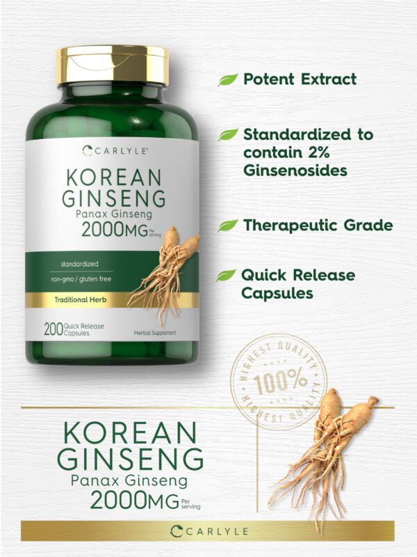 contenido cápsulas extracto ginseng en frasco Carlyle 200 unidades