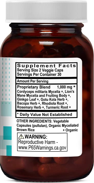 Contenido de cápsulas y envase de suplemento Kovite Hongos Cerebrales