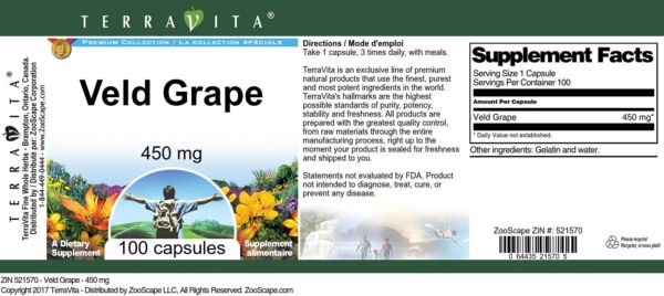Contenido frasco suplemento Veld Grape TerraVita 100 cápsulas