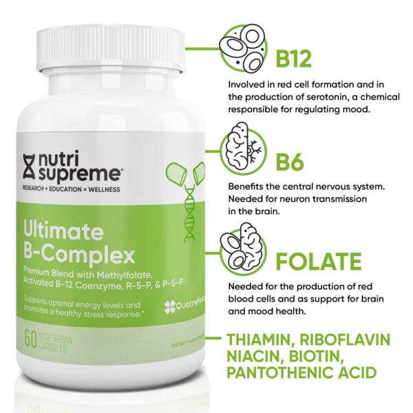 Version 1.0.0 Presentación Nutri Supreme Ultimate B Complex cápsulas rojas y blancas