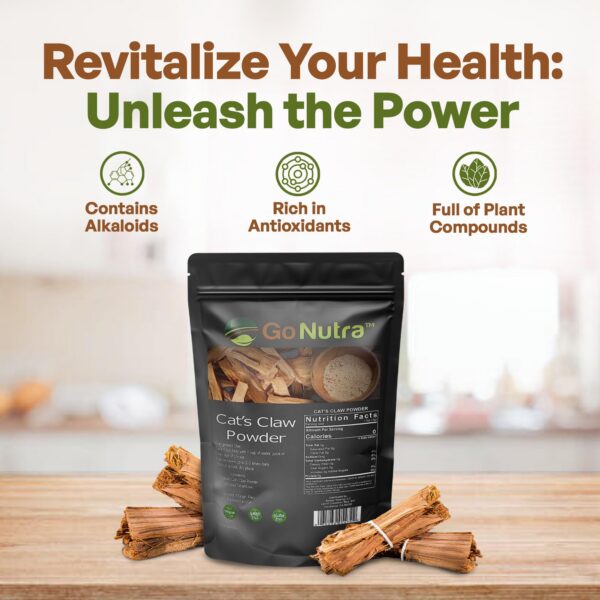 Version 1.0.0 Contenido de polvo de uña de gato Go Nutra en cuchara