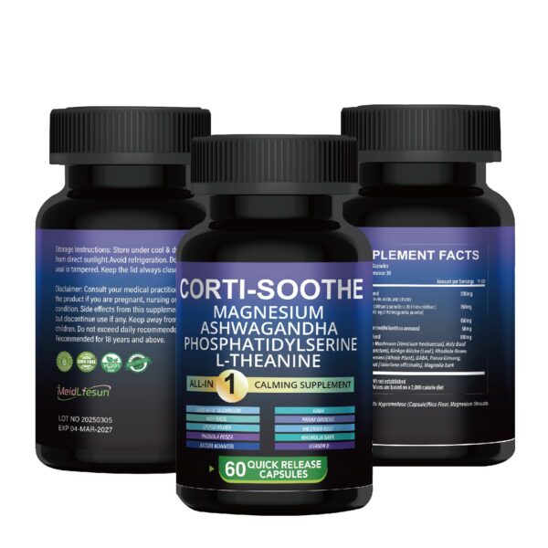 Frasco suplemento calmante Corti-Soothe con magnesio y ashwagandha