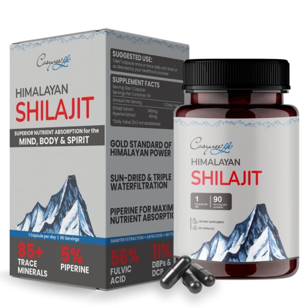 Caja y frasco de cosynee Himalayan Shilajit 90 cápsulas
