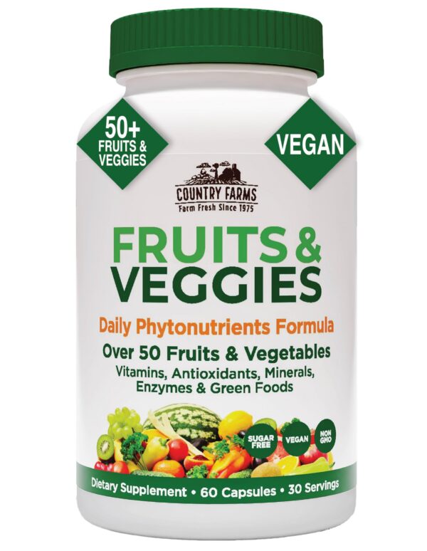 Botella de cápsulas Country Farms super frutas y verduras con 30 porciones