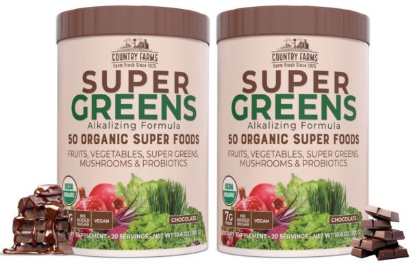 Frente del empaque COUNTRY FARMS Super Greens chocolate 2 pack