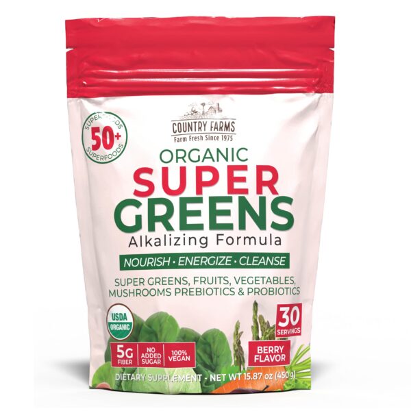 Version 1.0.0 COUNTRY FARMS Super Greens sabor frutos rojos envase frontal