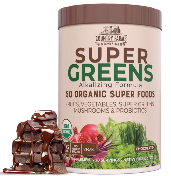 Version 1.0.0 Paquete Country Farms Super Greens orgánico sabor chocolate