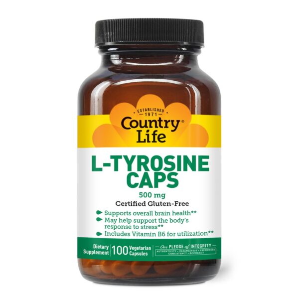 Frasco Country Life L-Tirosina 500mg con vitamina B6 para energía mental