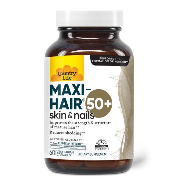 Frasco de Country Life Maxi-Hair 50+ suplemento para cabello piel y uñas