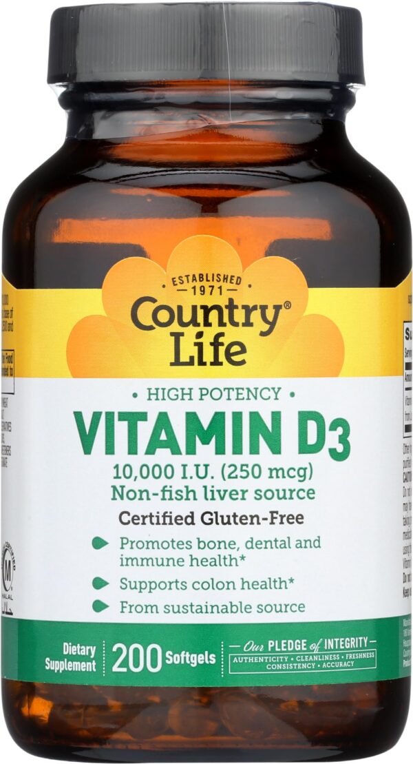 Country Life Vitamina D3 10,000 UI 200 cápsulas blandas sin gluten