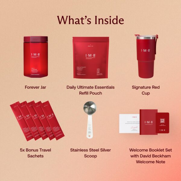 Version 1.0.0 Cuchara medidora y vaso incluidos en IM8 Daily Essentials