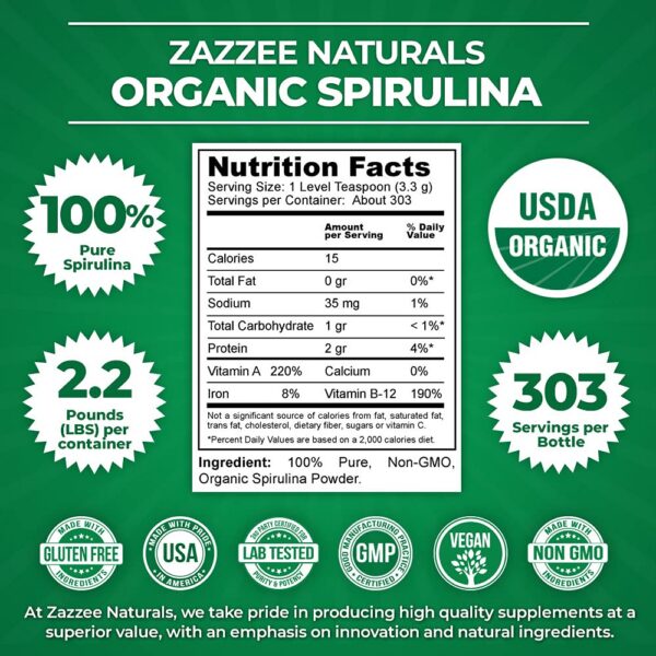 Cuchara con polvo de espirulina orgánica Zazzee