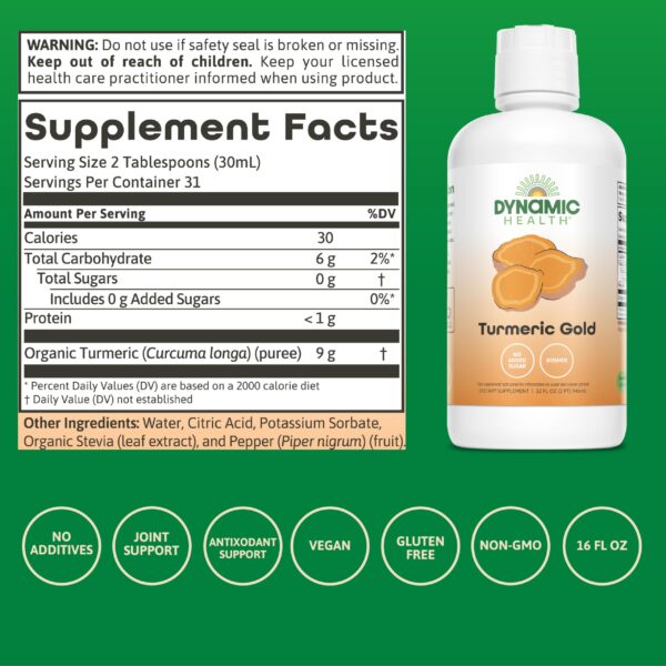Cúrcuma dorada de dynamic health botella y etiqueta frontal
