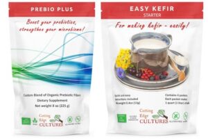 Cutting Edge Cultures Prebio Plus y cultivo kéfir caja y frasco