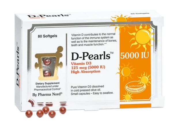 Frasco de D-Pearls Vitamin D3 con 80 cápsulas