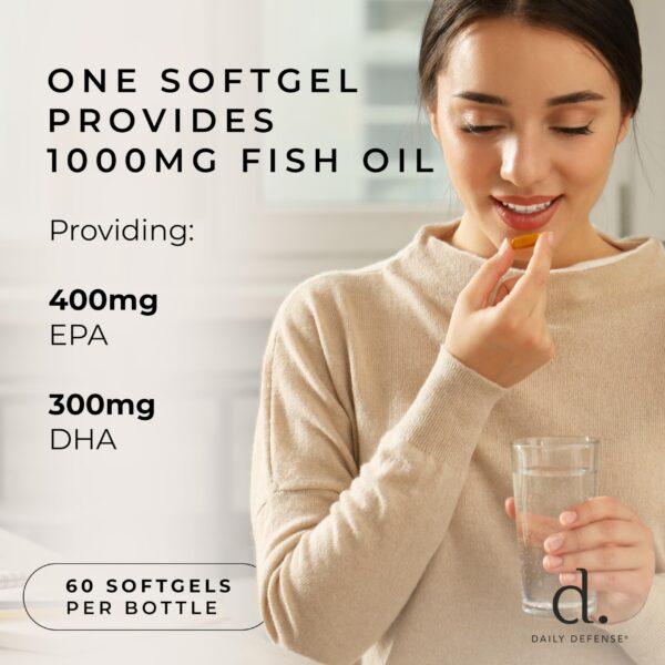 Daily Defense omega-3 bottle on table