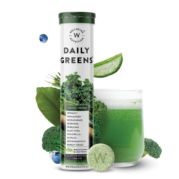 Version 1.0.0 Daily Greens WELLBEING NUTRITION tabletas sabor natural limón lima