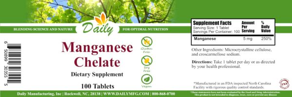 Etiqueta del suplemento manganeso quelato