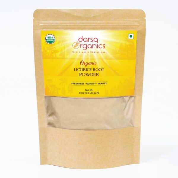 Darsa Organics polvo raíz regaliz orgánico 8 oz empaquetado