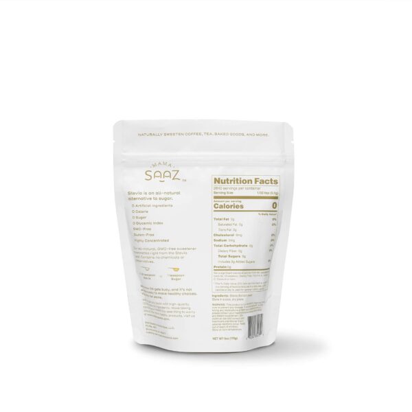 Detalle bolsa stevia pura Mama Saaz para cocina y Té