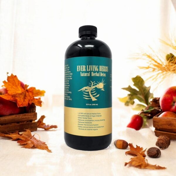 Detalle botella Ever Living Herbs detox mezcla de hierbas naturales