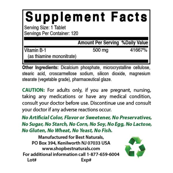 Tabletas Vitamina B1 Best Naturals 500 mg