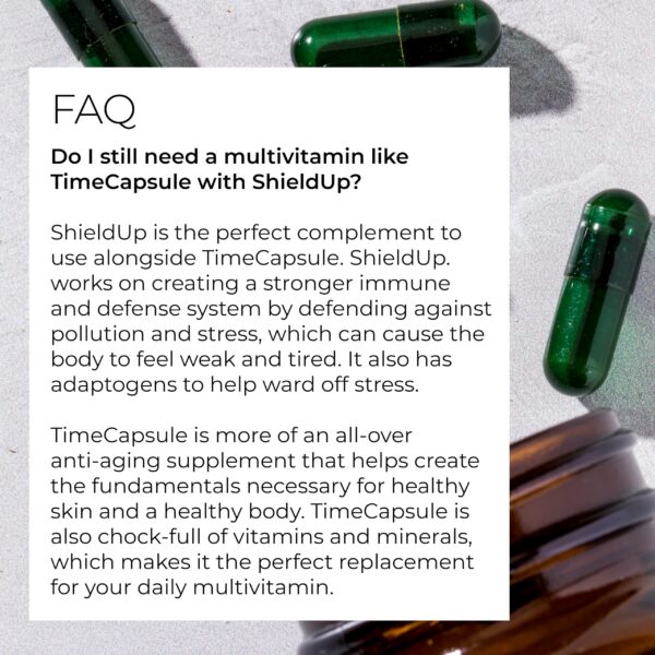 Detalle caja Hush & Hush ShieldUp suplemento energía e inmunidad